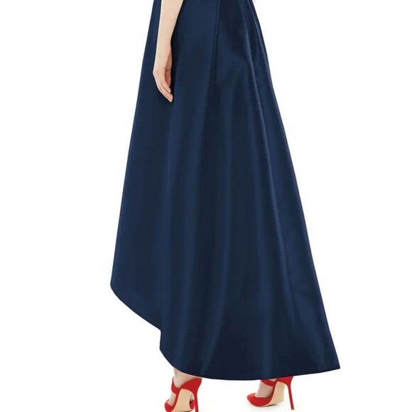 Alfred Sung D723S Midnight Blue Satin V-Neck High/Low Gown - Picture 4 of 4